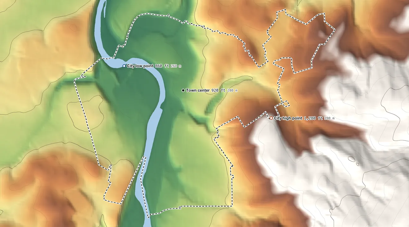 Topographic elevation map of Connellsville, Pennsylvania, shaded from 860 ft on the northwest side to 1,280 ft on the east edge, below higher ground just outside