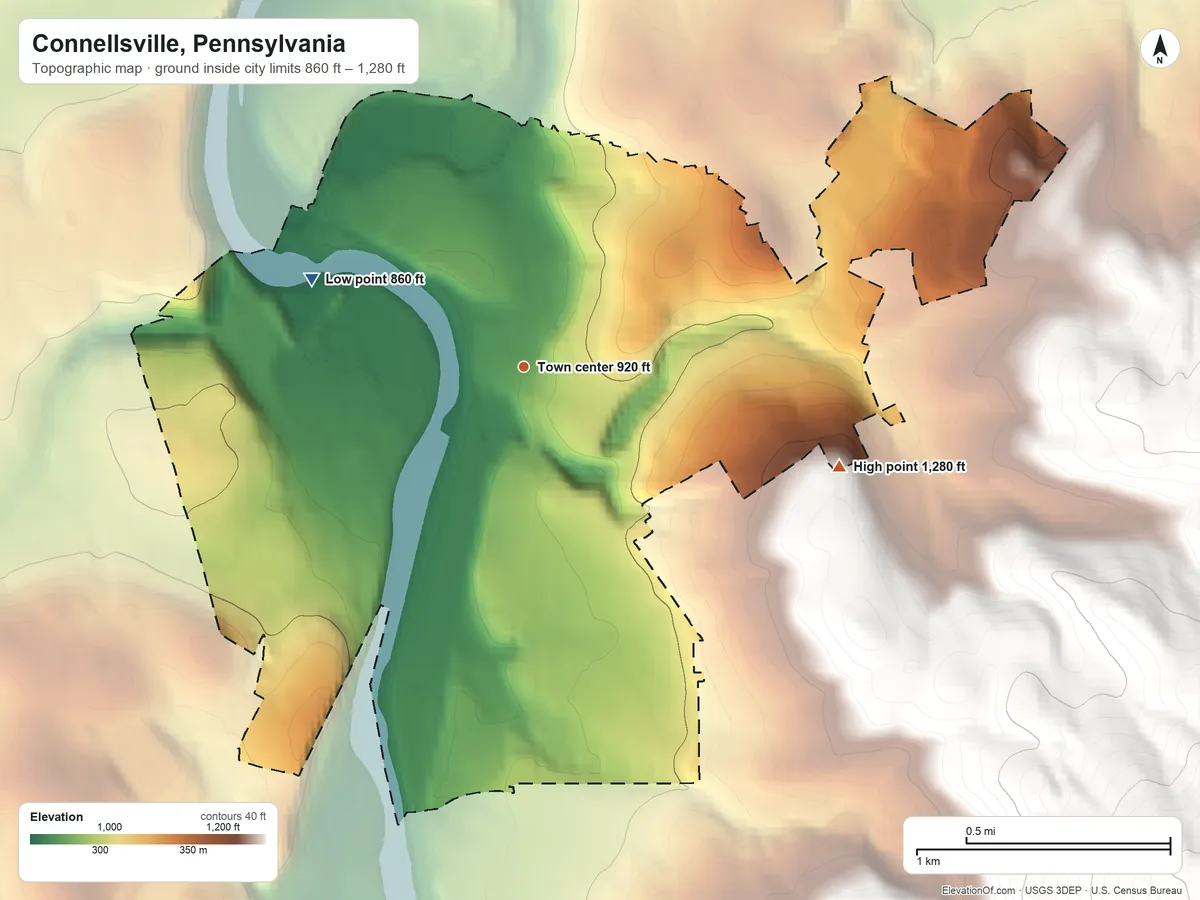 Topographic elevation map of Connellsville, Pennsylvania, shaded from 860 ft on the northwest side to 1,280 ft on the east edge, below higher ground just outside