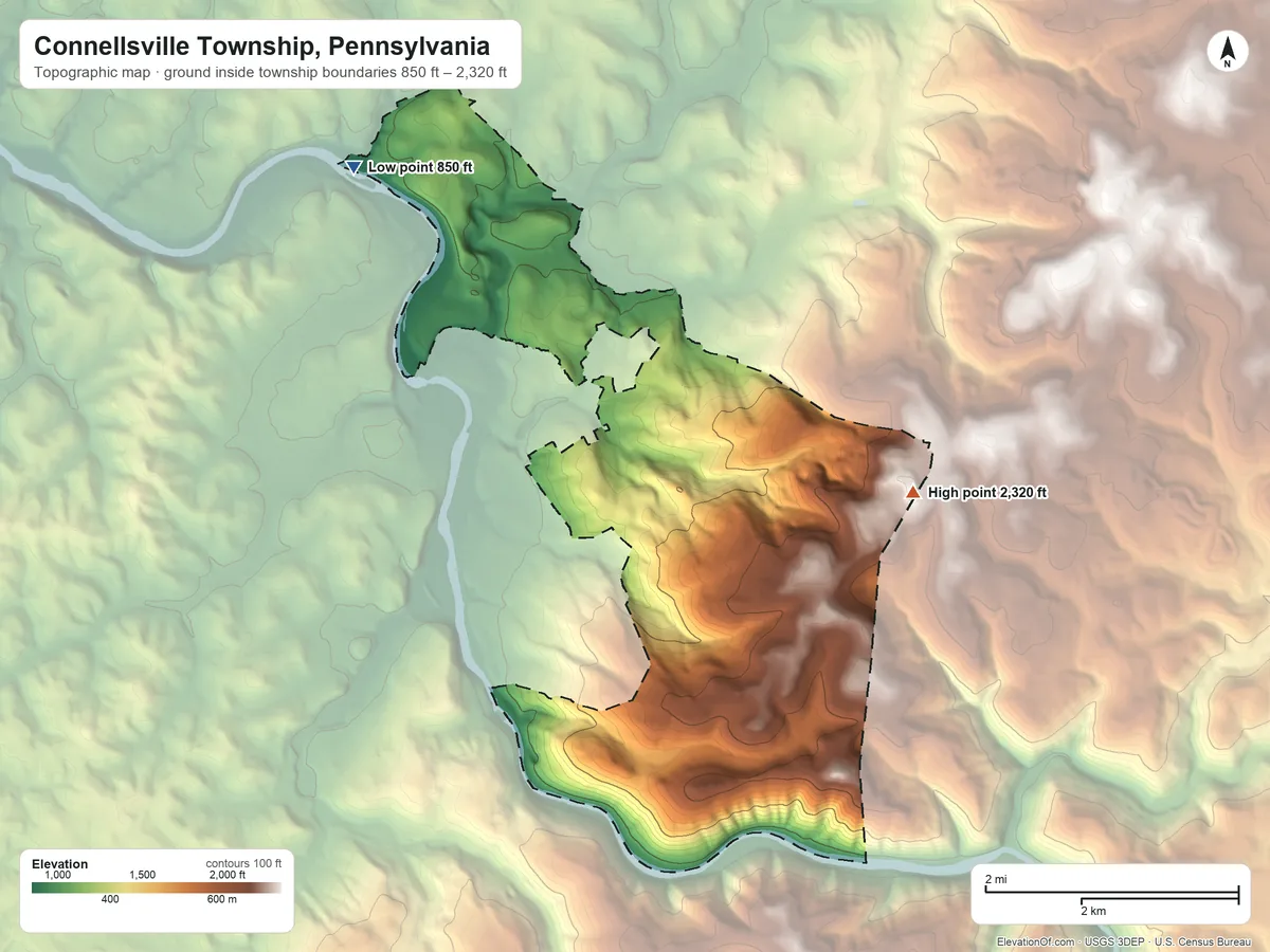 Topographic elevation map of Connellsville Township, Pennsylvania, shaded from 850 ft on the northwest side to 2,320 ft on the southeast side