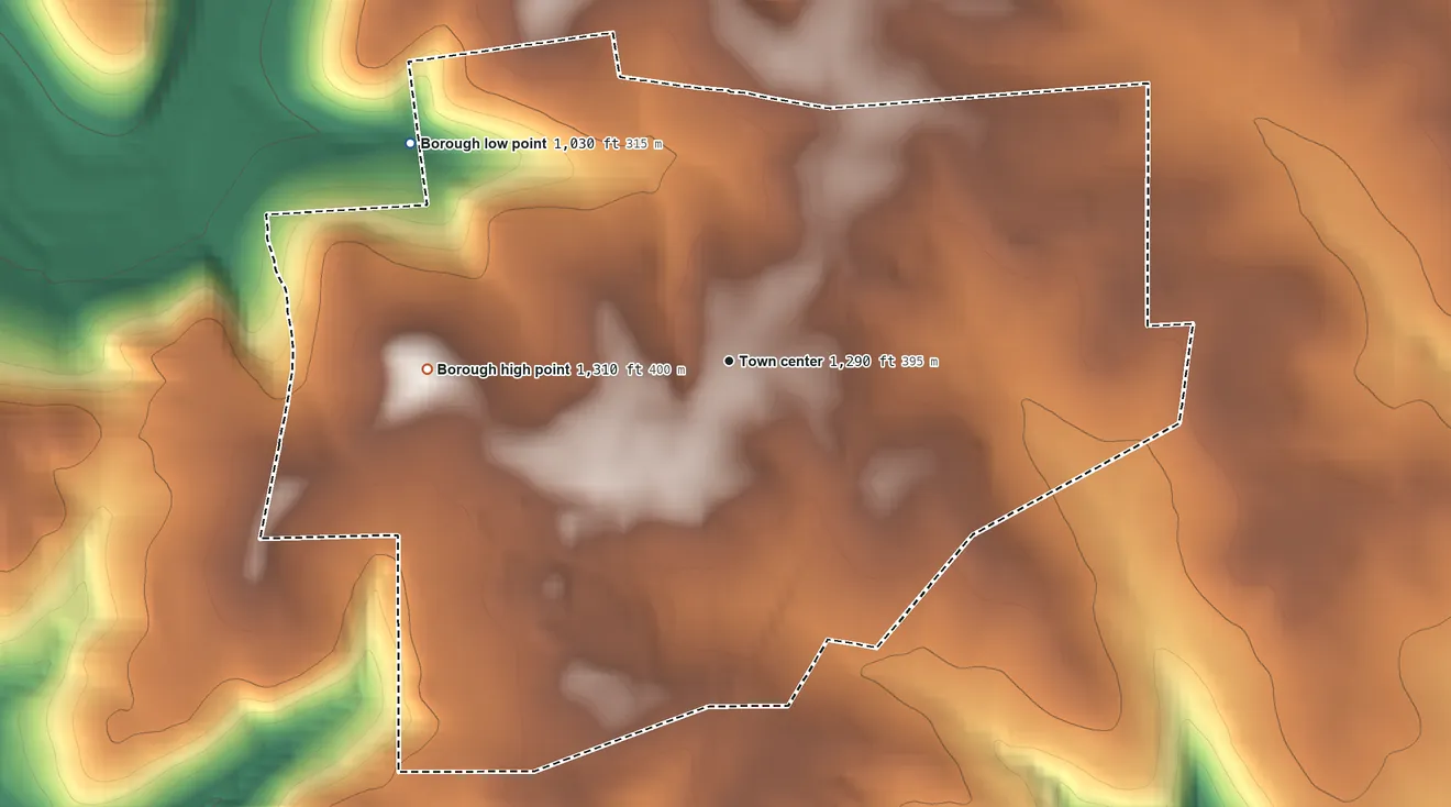Topographic elevation map of Connoquenessing, Pennsylvania, shaded from 1,030 ft on the northwest side to 1,310 ft on the west side