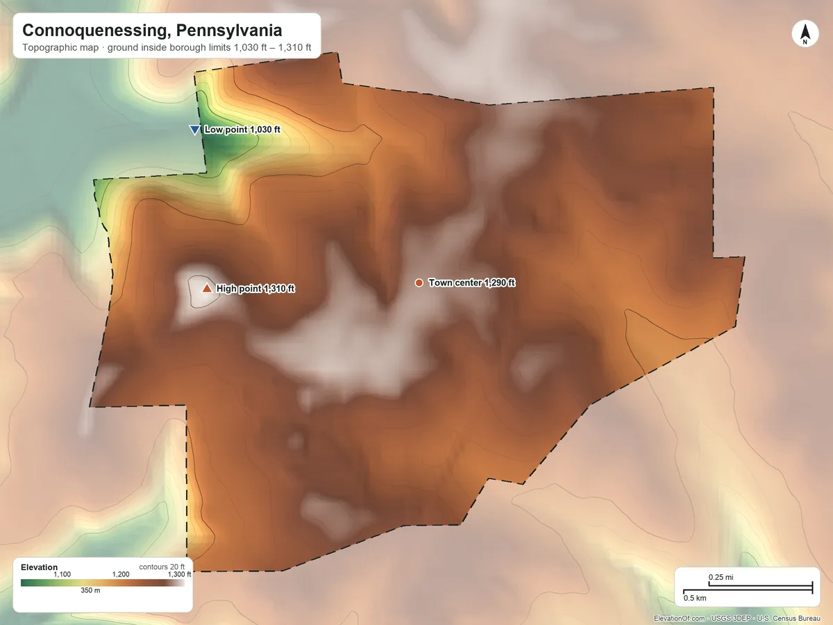Topographic elevation map of Connoquenessing, Pennsylvania, shaded from 1,030 ft on the northwest side to 1,310 ft on the west side