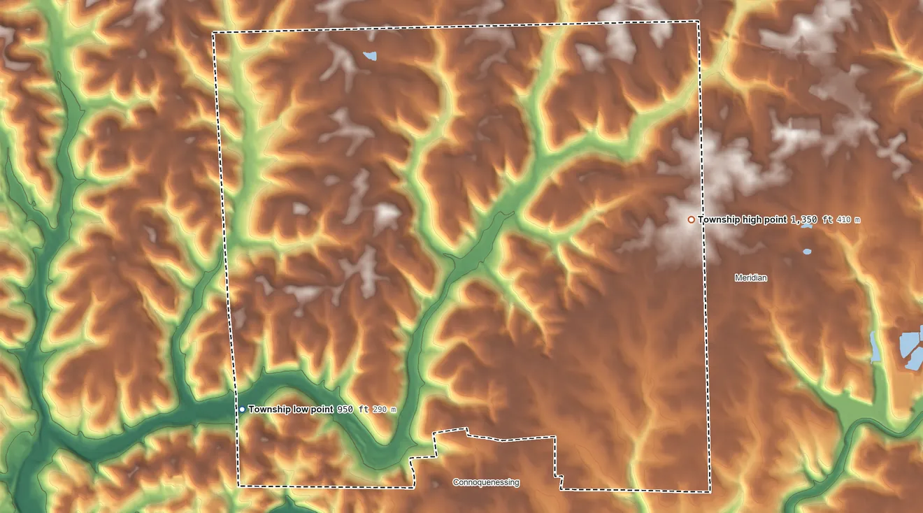 Topographic elevation map of Connoquenessing Township, Pennsylvania, shaded from 950 ft on the southwest side to 1,350 ft on the east side
