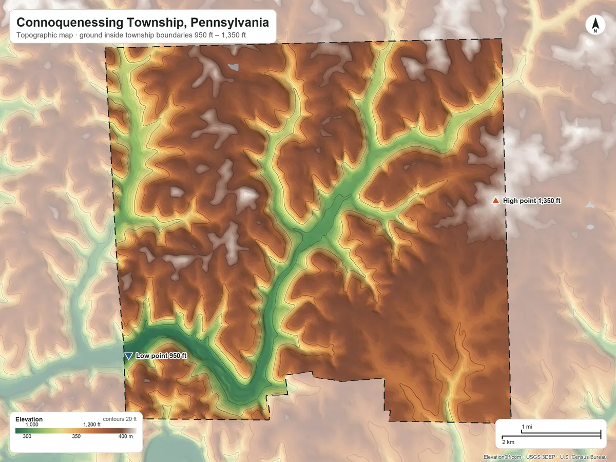 Topographic elevation map of Connoquenessing Township, Pennsylvania, shaded from 950 ft on the southwest side to 1,350 ft on the east side