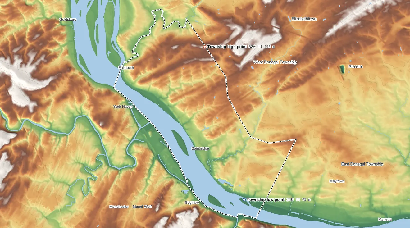 Topographic elevation map of Conoy Township, Pennsylvania, shaded from 240 ft on the southeast side to 580 ft on the north side