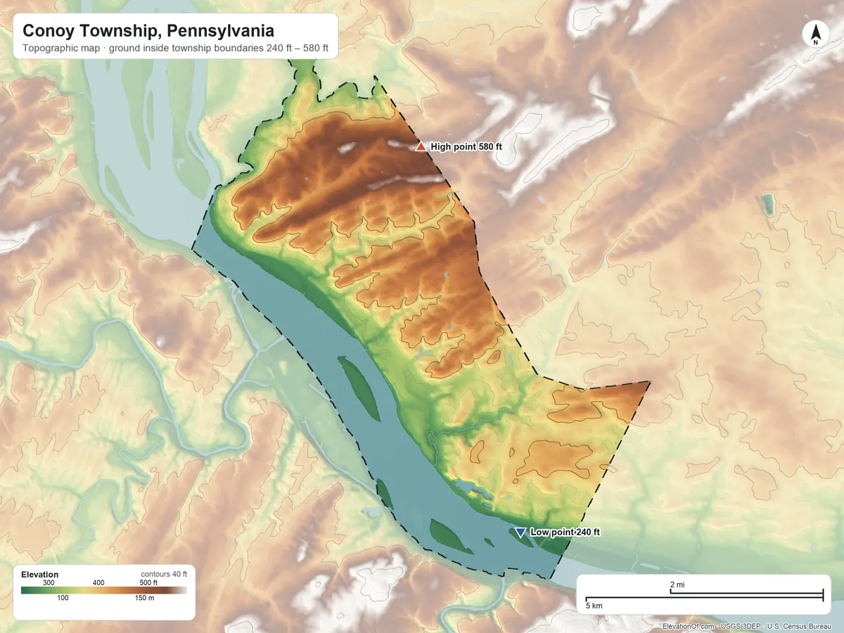 Topographic elevation map of Conoy Township, Pennsylvania, shaded from 240 ft on the southeast side to 580 ft on the north side