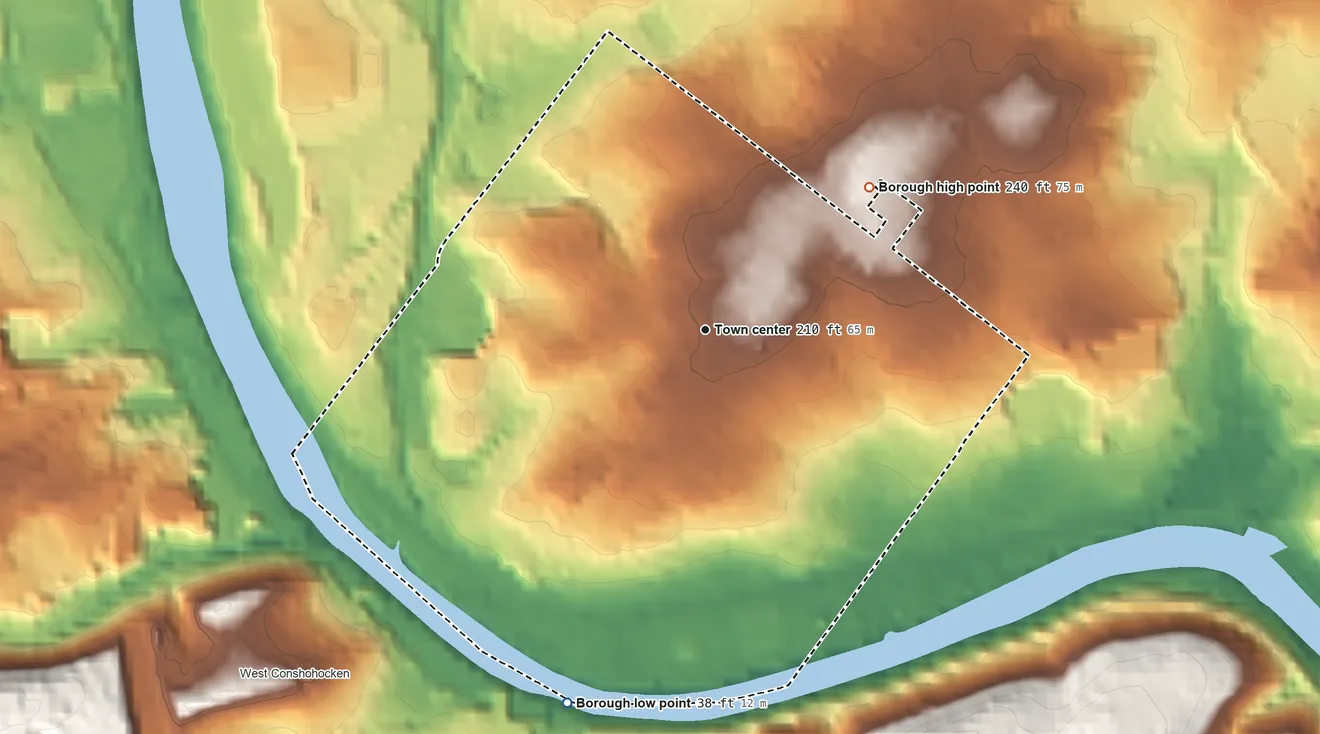 Topographic elevation map of Conshohocken, Pennsylvania, shaded from 38 ft on the south side to 240 ft on the northeast side
