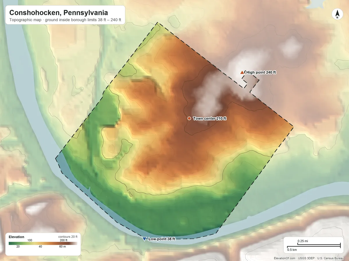 Topographic elevation map of Conshohocken, Pennsylvania, shaded from 38 ft on the south side to 240 ft on the northeast side