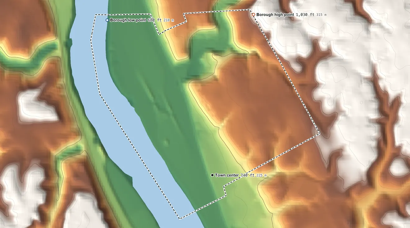 Topographic elevation map of Conway, Pennsylvania, shaded from 680 ft on the northwest side to 1,030 ft on the north side