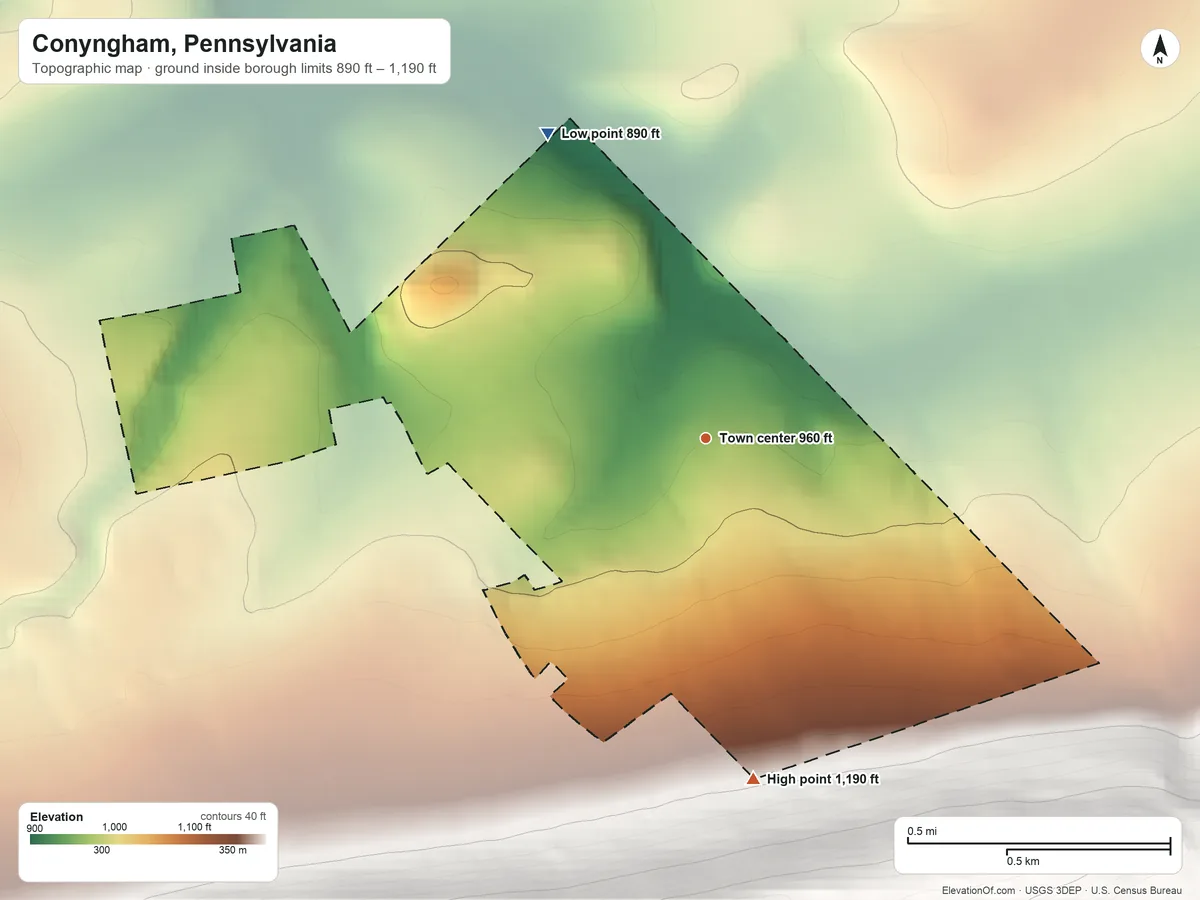 Topographic elevation map of Conyngham, Pennsylvania, shaded from 890 ft on the northwest side to 1,190 ft at the foot of the Broad Mountain