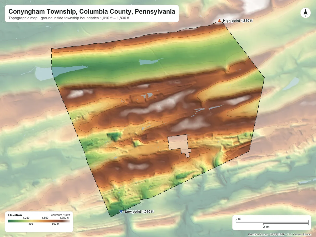 Topographic elevation map of Conyngham Township, Columbia County, Pennsylvania, shaded from 1,010 ft on the south side to 1,830 ft on the northeast side