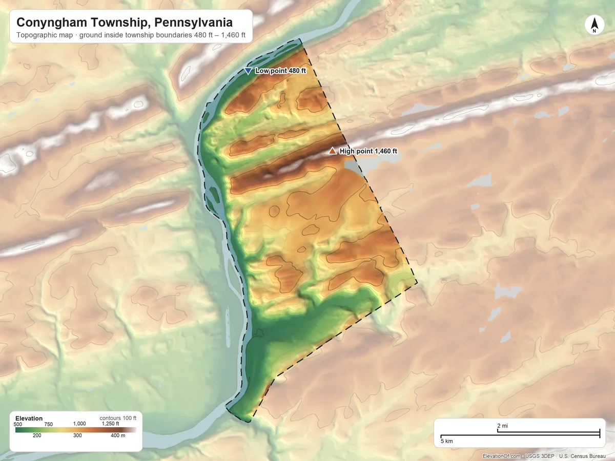 Topographic elevation map of Conyngham Township, Pennsylvania, shaded from 480 ft on the north side to 1,460 ft on the northeast side