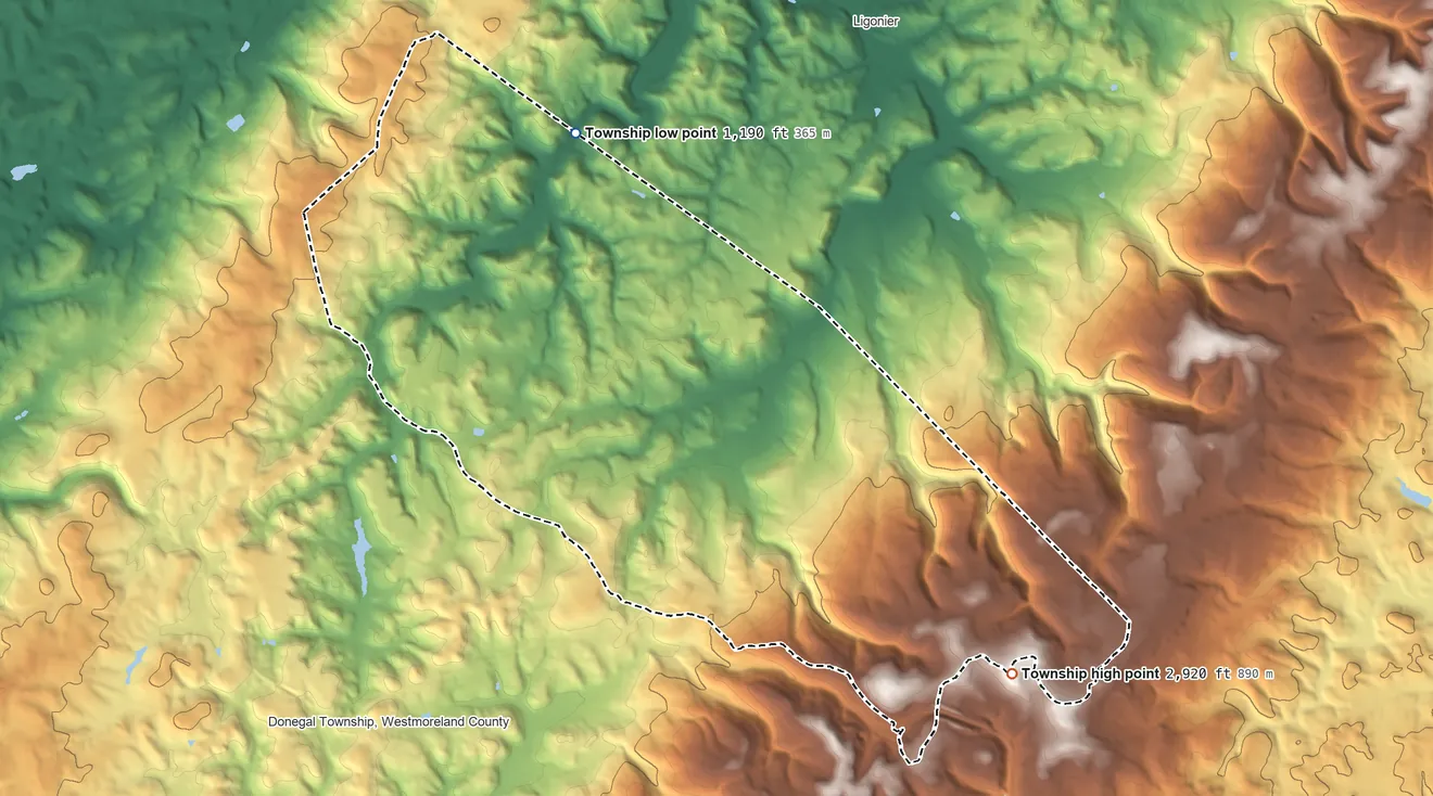 Topographic elevation map of Cook Township, Pennsylvania, shaded from 1,190 ft on the north side to 2,920 ft on Bald Knob