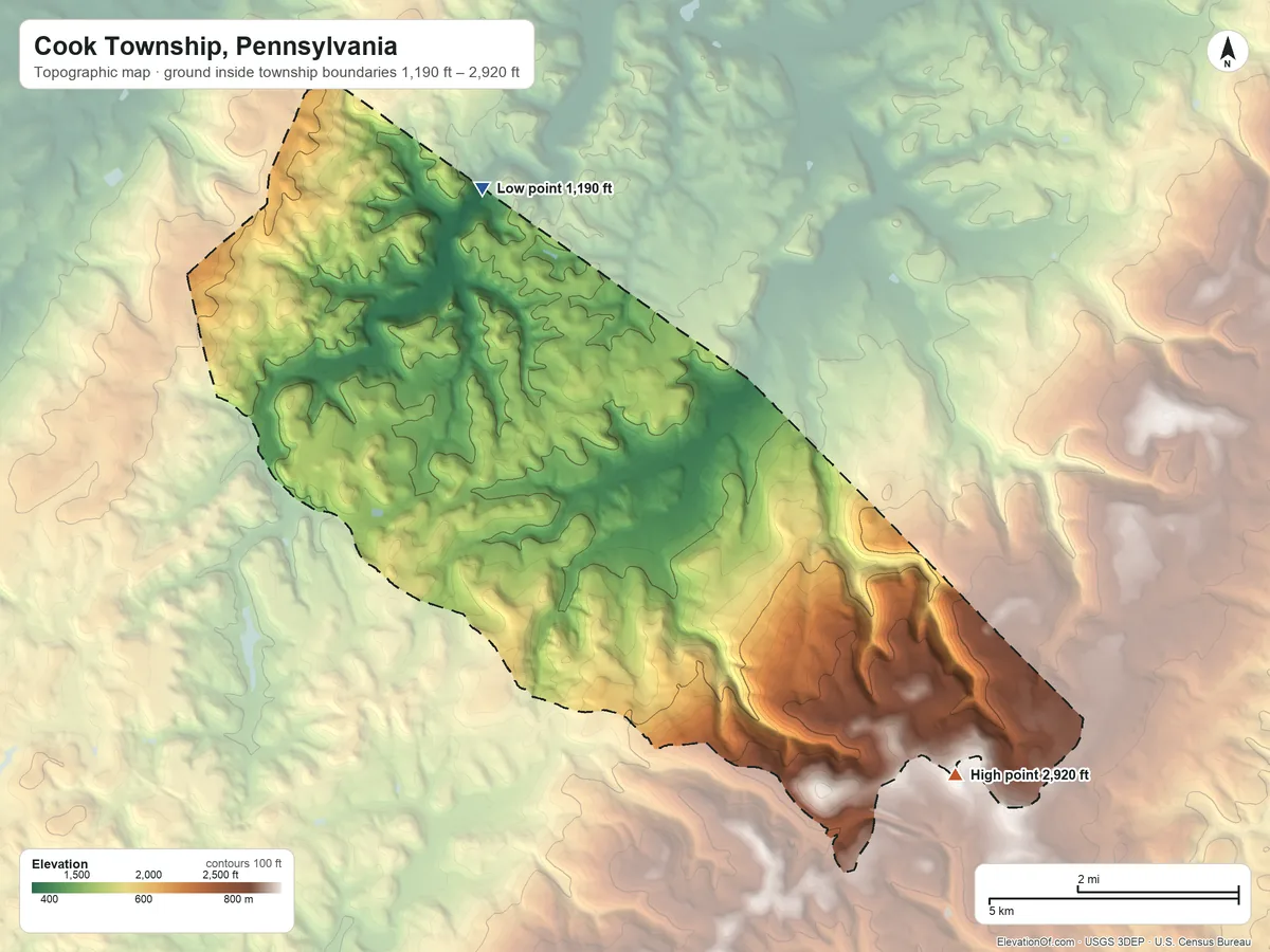 Topographic elevation map of Cook Township, Pennsylvania, shaded from 1,190 ft on the north side to 2,920 ft on Bald Knob