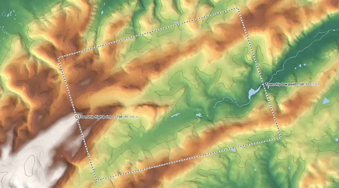 Topographic elevation map of Cooke Township, Pennsylvania, shaded from 740 ft on the east side to 1,790 ft on the southwest side