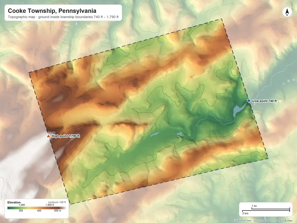Topographic elevation map of Cooke Township, Pennsylvania, shaded from 740 ft on the east side to 1,790 ft on the southwest side
