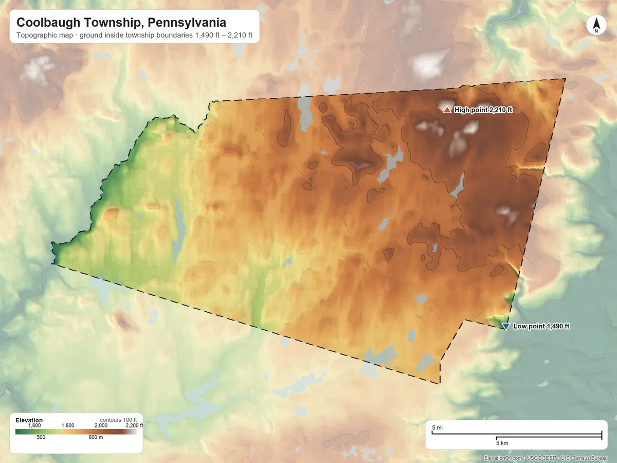 Topographic elevation map of Coolbaugh Township, Pennsylvania, shaded from 1,490 ft on the southeast side to 2,210 ft on the north side