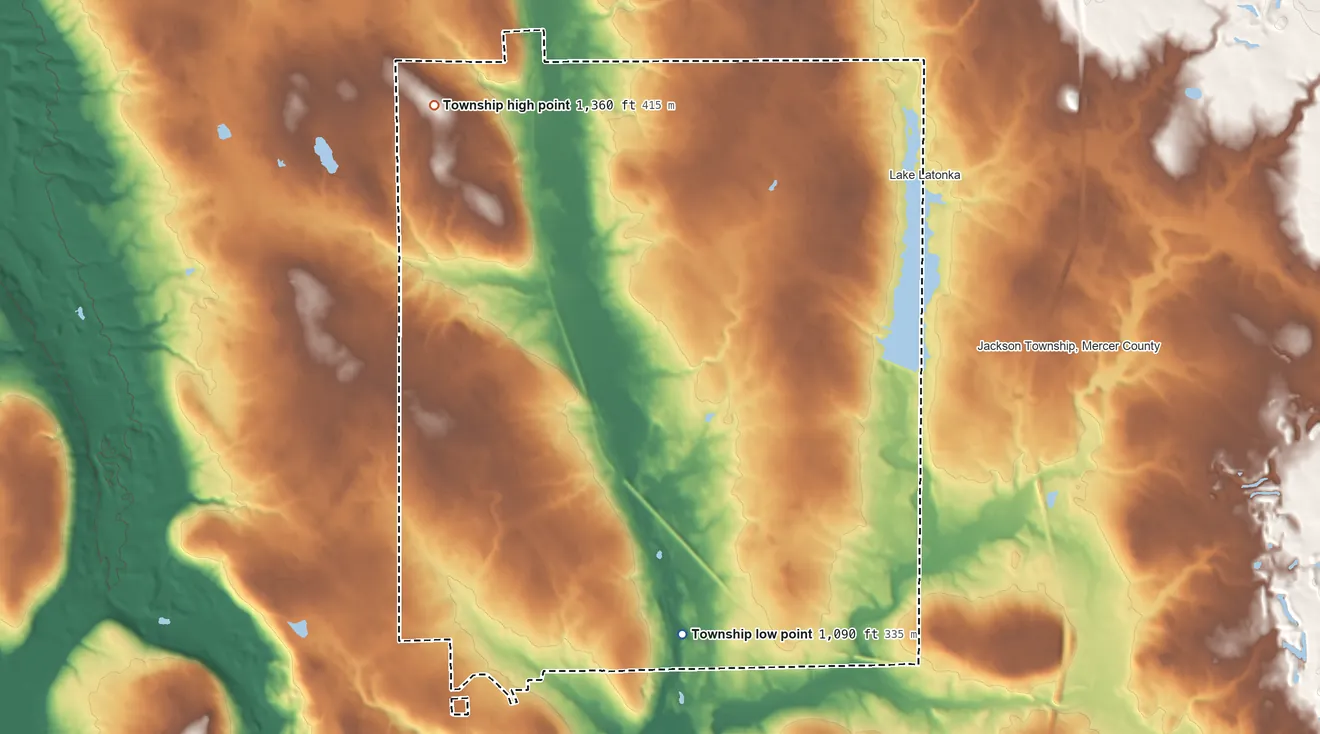 Topographic elevation map of Coolspring Township, Pennsylvania, shaded from 1,090 ft on the south side to 1,360 ft on the northwest side