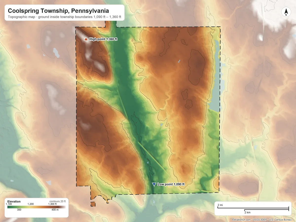 Topographic elevation map of Coolspring Township, Pennsylvania, shaded from 1,090 ft on the south side to 1,360 ft on the northwest side
