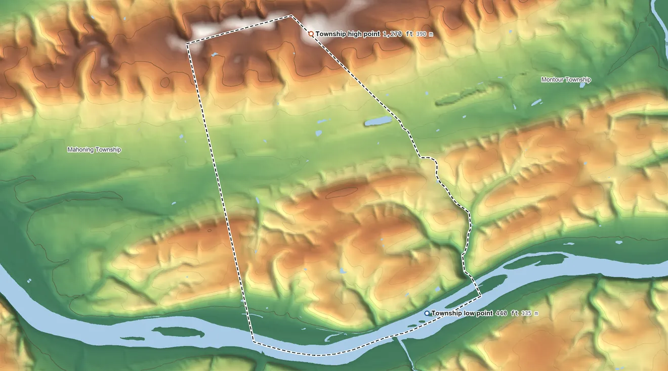 Topographic elevation map of Cooper Township, Montour County, Pennsylvania, shaded from 440 ft on the southeast side to 1,270 ft on the north side