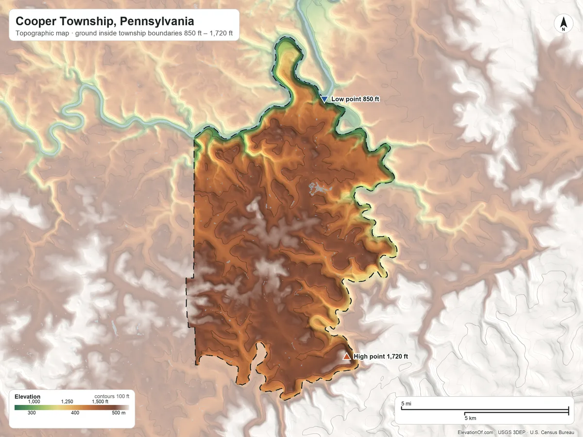 Topographic elevation map of Cooper Township, Pennsylvania, shaded from 850 ft on the north side to 1,720 ft on the southeast edge, below higher ground just outside