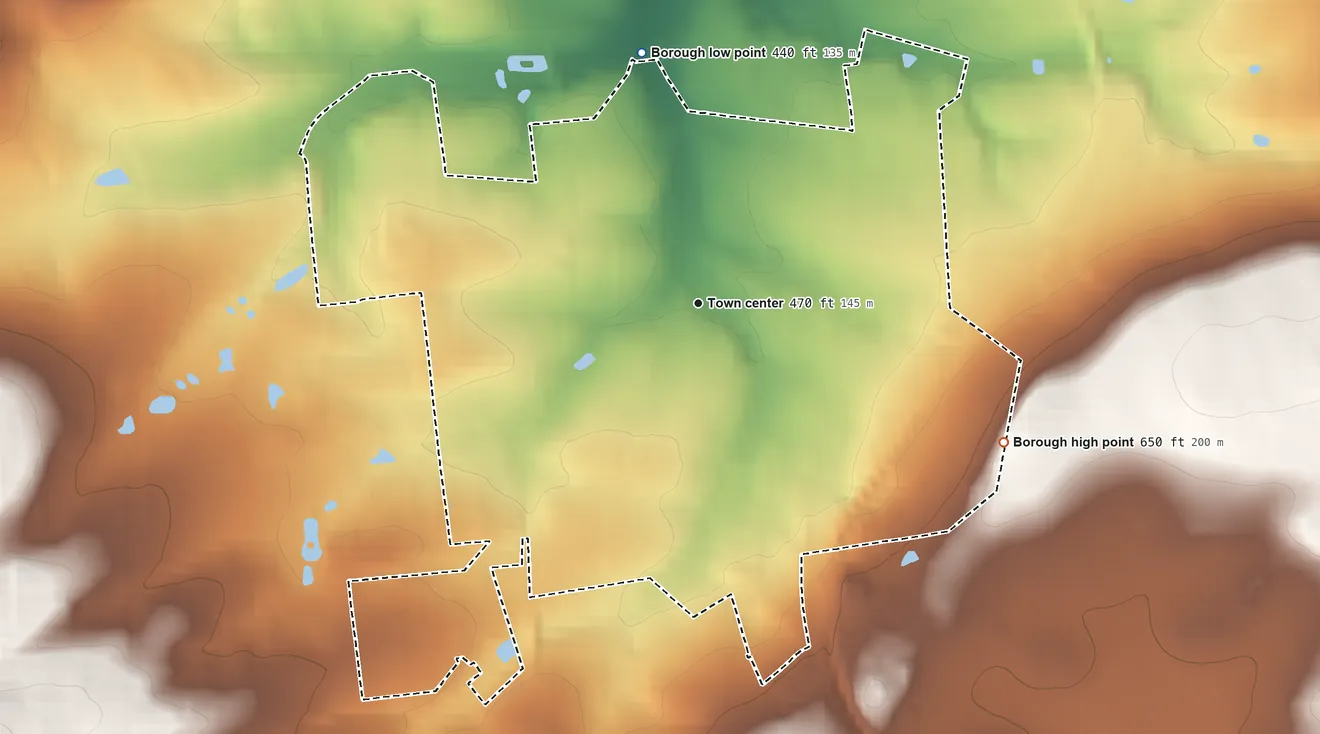 Topographic elevation map of Coopersburg, Pennsylvania, shaded from 440 ft on the north side to 650 ft on the southeast side