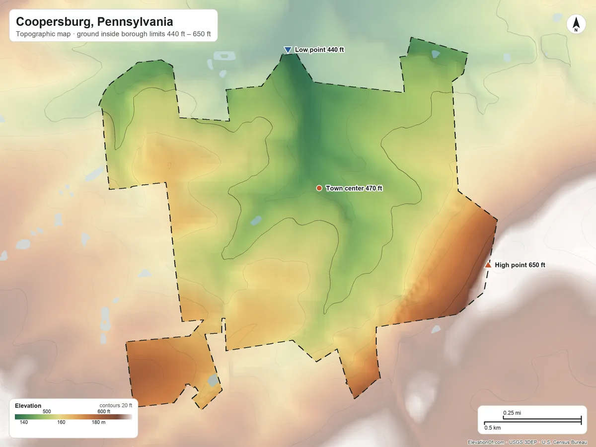 Topographic elevation map of Coopersburg, Pennsylvania, shaded from 440 ft on the north side to 650 ft on the southeast side