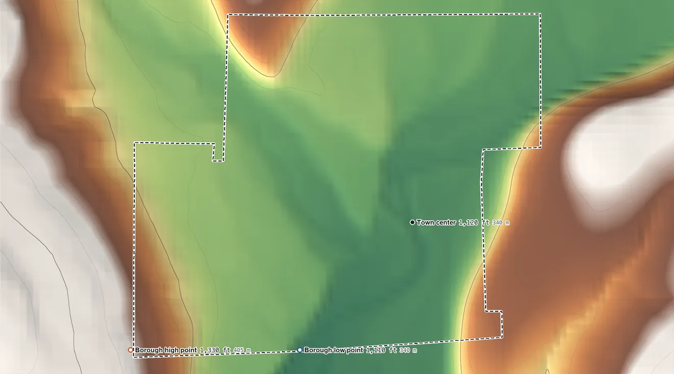 Topographic elevation map of Cooperstown, Pennsylvania, shaded from 1,110 ft on the southwest side to 1,330 ft on the southwest side
