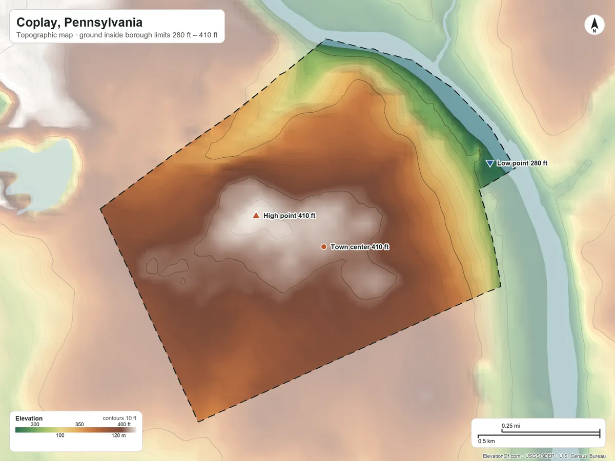 Topographic elevation map of Coplay, Pennsylvania, shaded from 280 ft on the northeast side to 410 ft on the northwest side