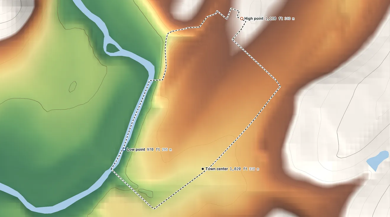 Topographic elevation map of Coral, Pennsylvania, shaded from 970 ft on the west side to 1,110 ft on the north edge, below higher ground just outside