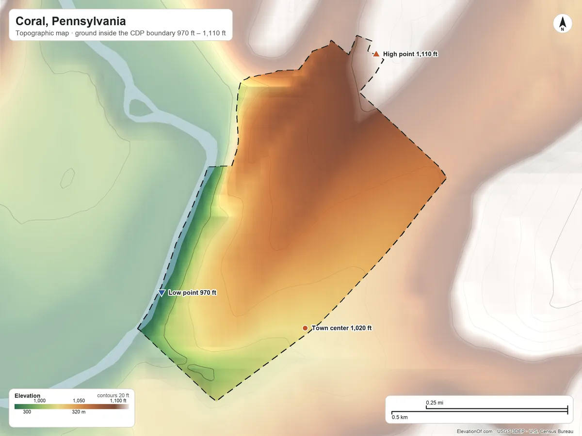 Topographic elevation map of Coral, Pennsylvania, shaded from 970 ft on the west side to 1,110 ft on the north edge, below higher ground just outside