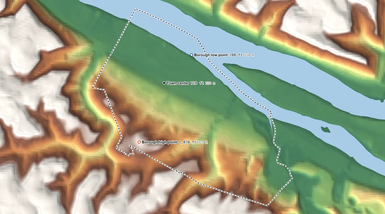 Topographic elevation map of Coraopolis, Pennsylvania, shaded from 700 ft on the northeast side to 1,070 ft on the southwest side