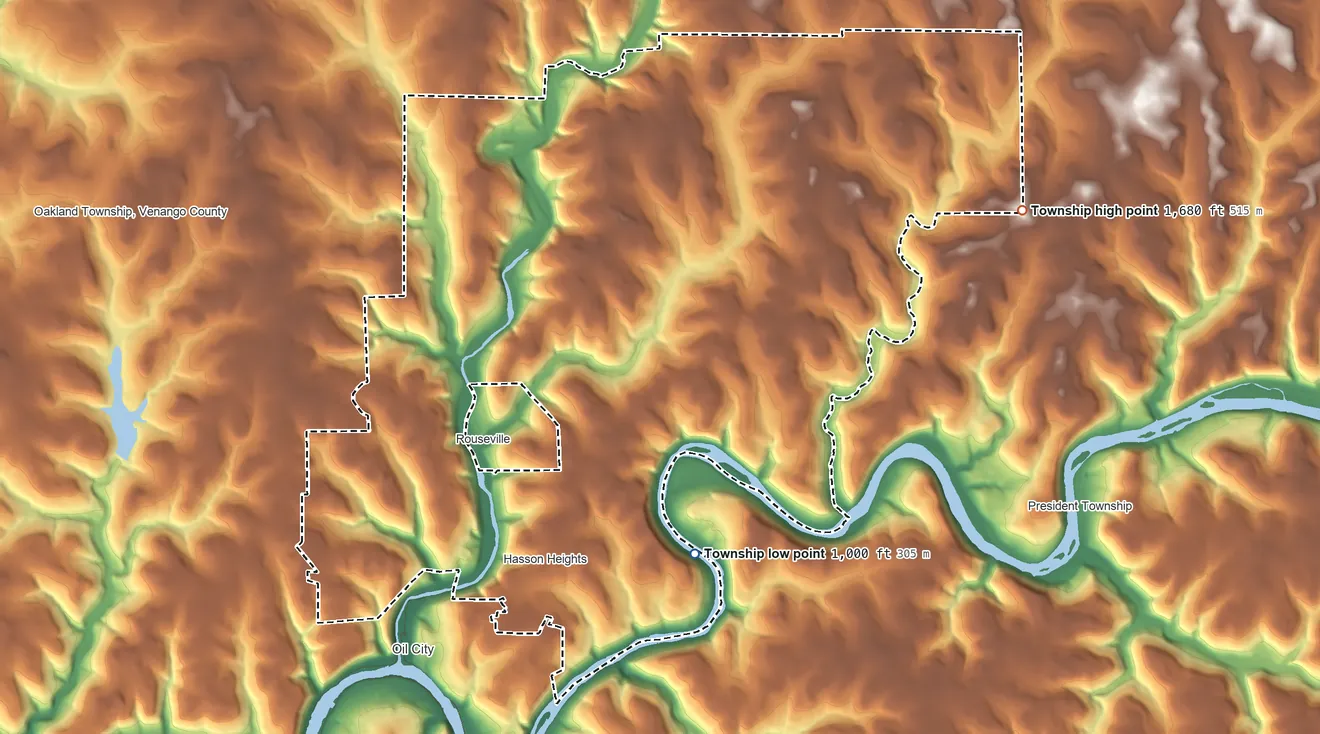 Topographic elevation map of Cornplanter Township, Pennsylvania, shaded from 1,000 ft on the east side to 1,680 ft on the northeast side