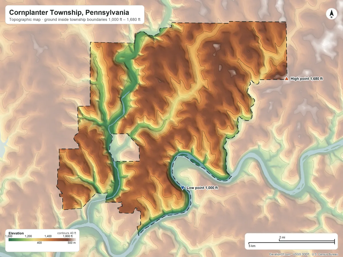 Topographic elevation map of Cornplanter Township, Pennsylvania, shaded from 1,000 ft on the east side to 1,680 ft on the northeast side