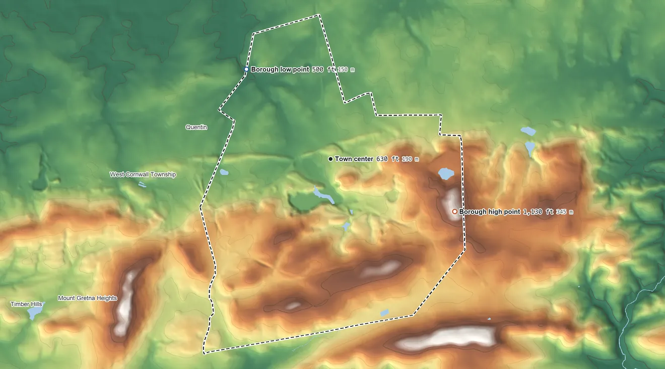 Topographic elevation map of Cornwall, Pennsylvania, shaded from 500 ft on the northwest side to 1,130 ft on the southeast side
