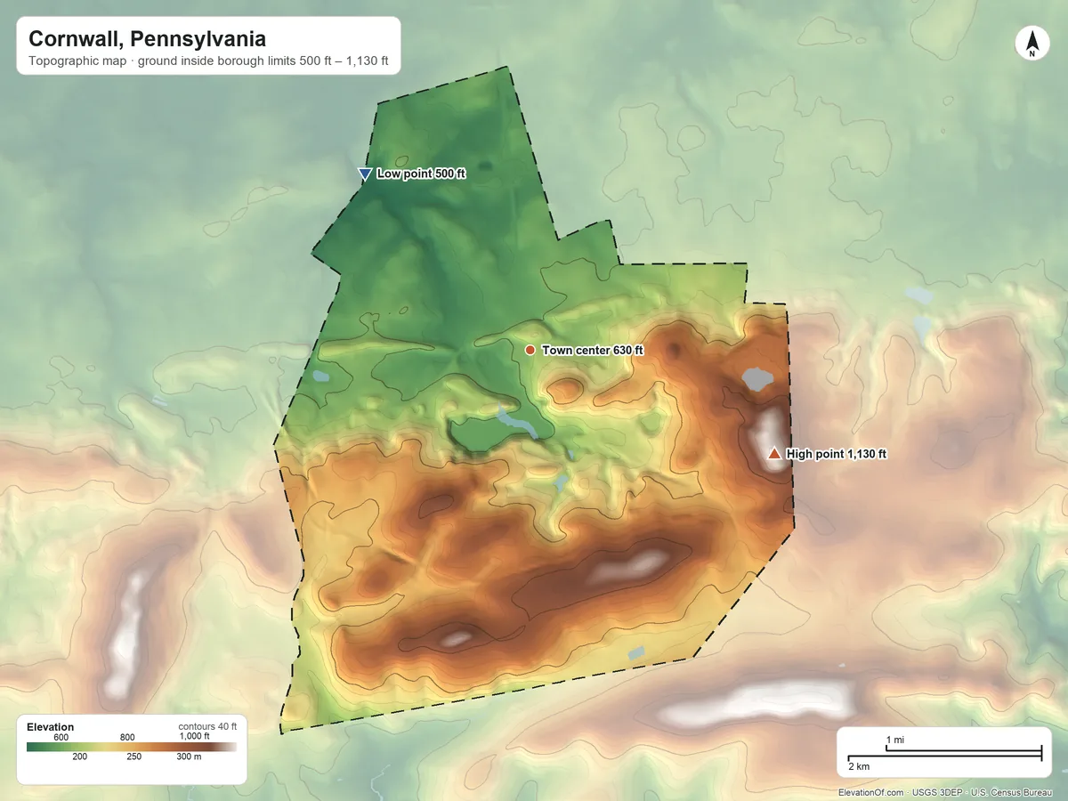 Topographic elevation map of Cornwall, Pennsylvania, shaded from 500 ft on the northwest side to 1,130 ft on the southeast side