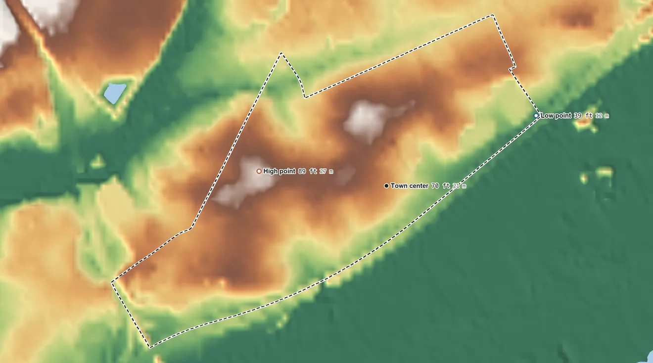 Topographic elevation map of Cornwells Heights, Pennsylvania, shaded from 39 ft on the northeast side to 89 ft on the west side