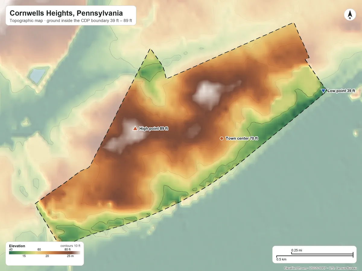 Topographic elevation map of Cornwells Heights, Pennsylvania, shaded from 39 ft on the northeast side to 89 ft on the west side