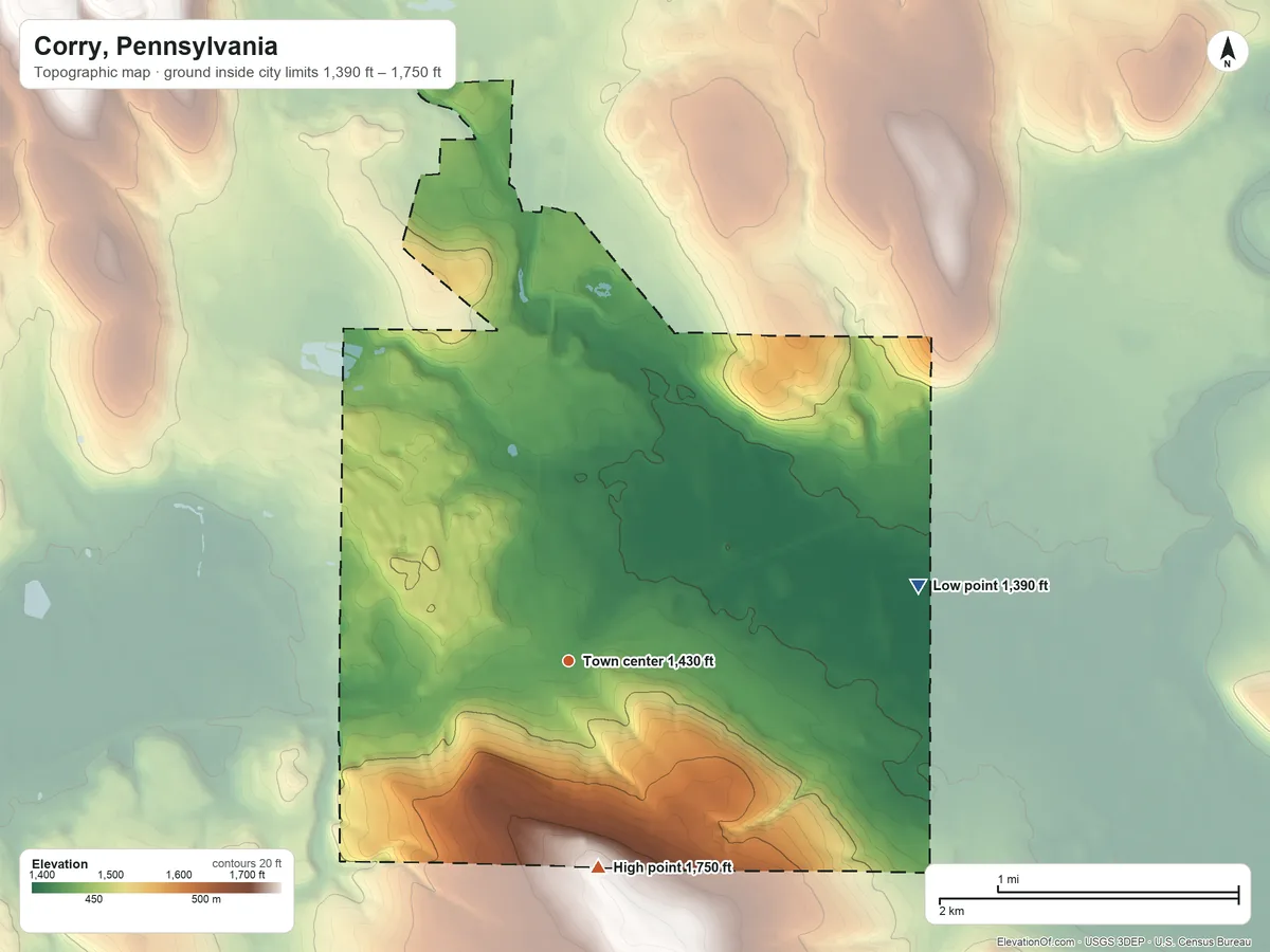 Topographic elevation map of Corry, Pennsylvania, shaded from 1,390 ft on the east side to 1,750 ft on the south side