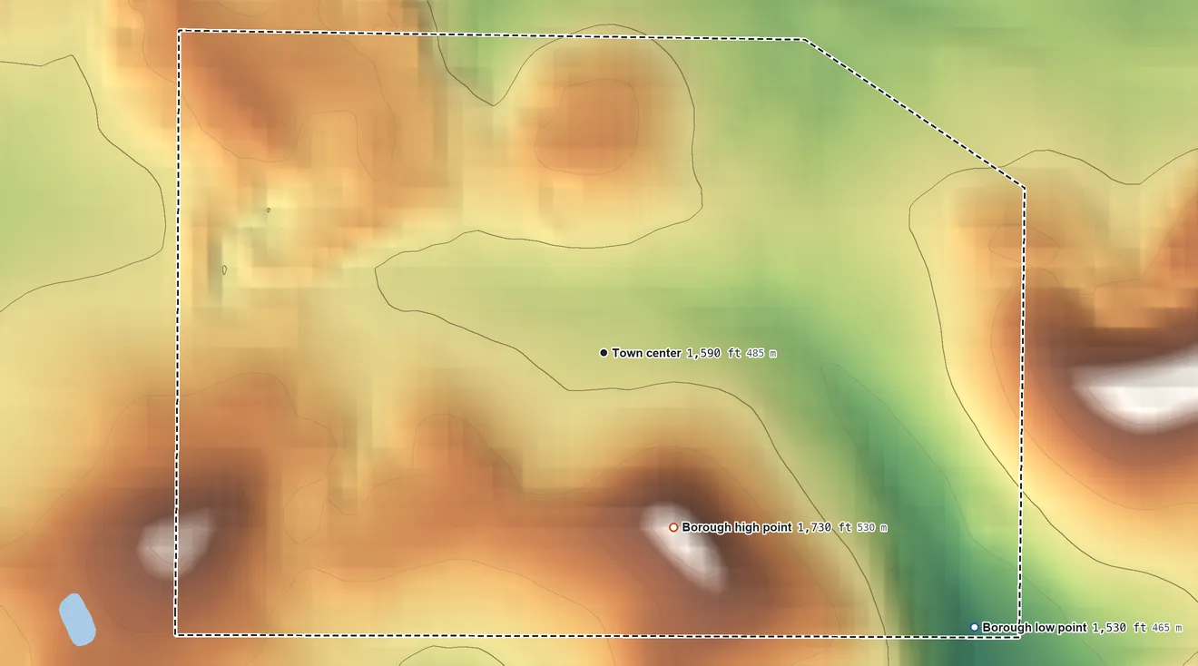 Topographic elevation map of Corsica, Pennsylvania, shaded from 1,530 ft on the southeast side to 1,730 ft on the south side