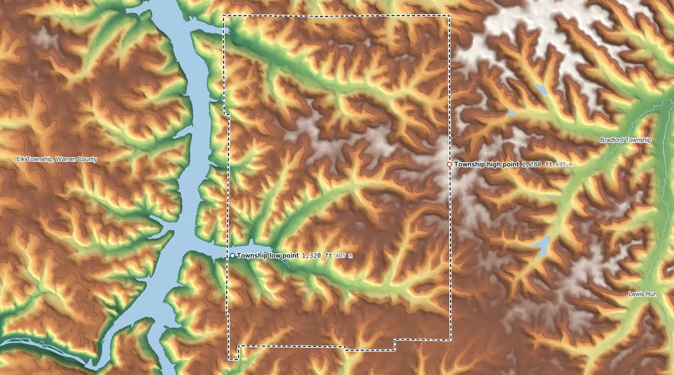Topographic elevation map of Corydon Township, Pennsylvania, shaded from 1,320 ft on the southwest side to 2,280 ft on the southeast side