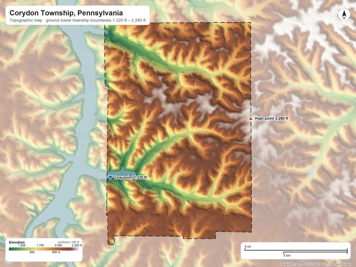 Topographic elevation map of Corydon Township, Pennsylvania, shaded from 1,320 ft on the southwest side to 2,280 ft on the southeast side
