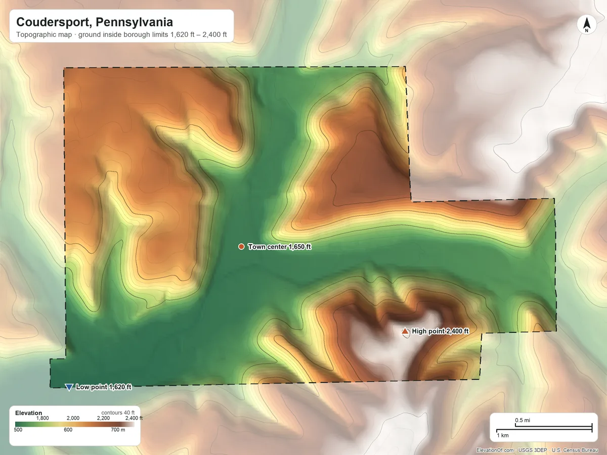 Topographic elevation map of Coudersport, Pennsylvania, shaded from 1,620 ft on the southwest side to 2,400 ft on the southeast side