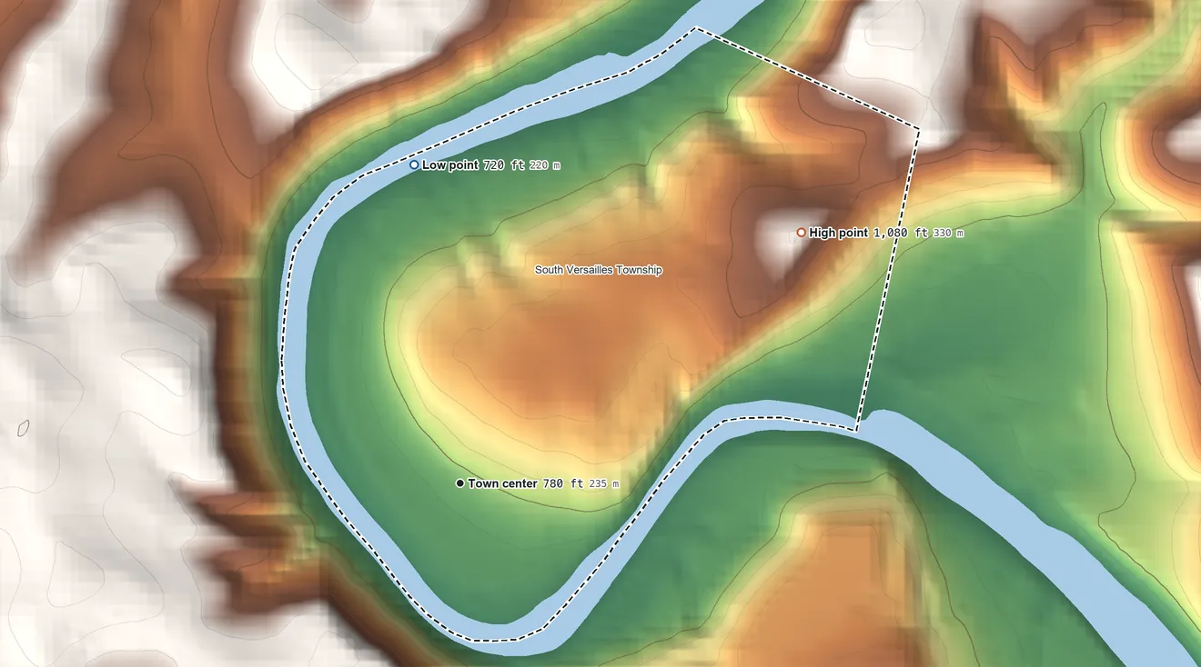 Topographic elevation map of Coulter, Pennsylvania, shaded from 720 ft on the north side to 1,080 ft on the northeast side