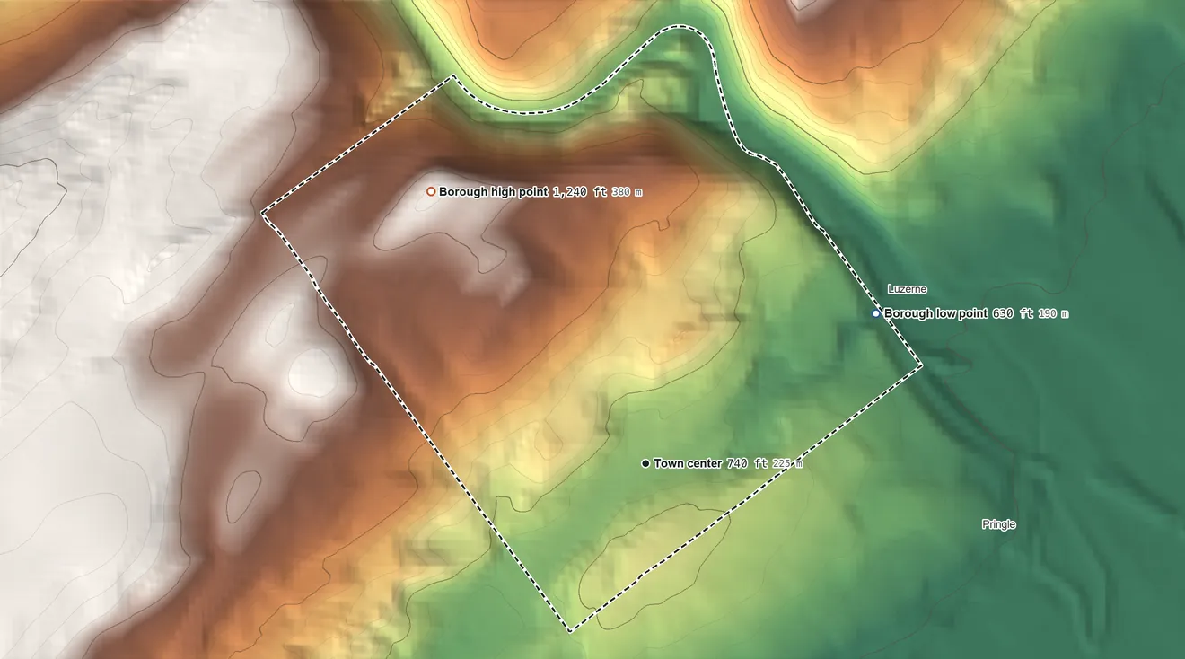 Topographic elevation map of Courtdale, Pennsylvania, shaded from 630 ft on the northeast side to 1,240 ft on the northwest edge, below higher ground just outside