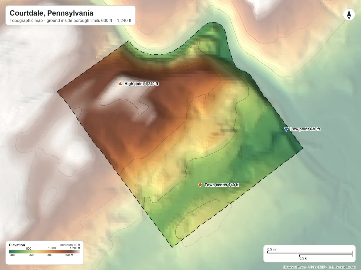 Topographic elevation map of Courtdale, Pennsylvania, shaded from 630 ft on the northeast side to 1,240 ft on the northwest edge, below higher ground just outside