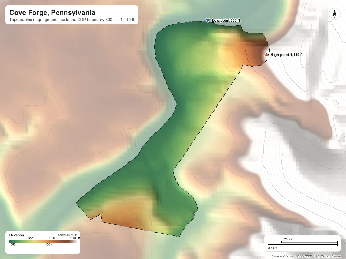 Topographic elevation map of Cove Forge, Pennsylvania, shaded from 800 ft on the north side to 1,110 ft on the northeast edge, below higher ground just outside