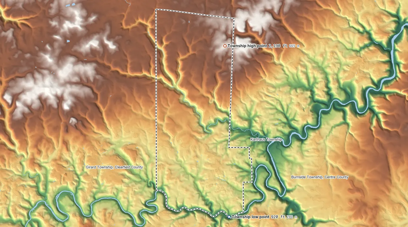 Topographic elevation map of Covington Township, Clearfield County, Pennsylvania, shaded from 920 ft on the southeast side to 2,190 ft on the north side