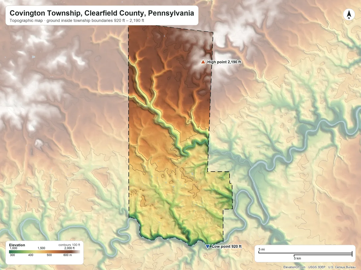 Topographic elevation map of Covington Township, Clearfield County, Pennsylvania, shaded from 920 ft on the southeast side to 2,190 ft on the north side
