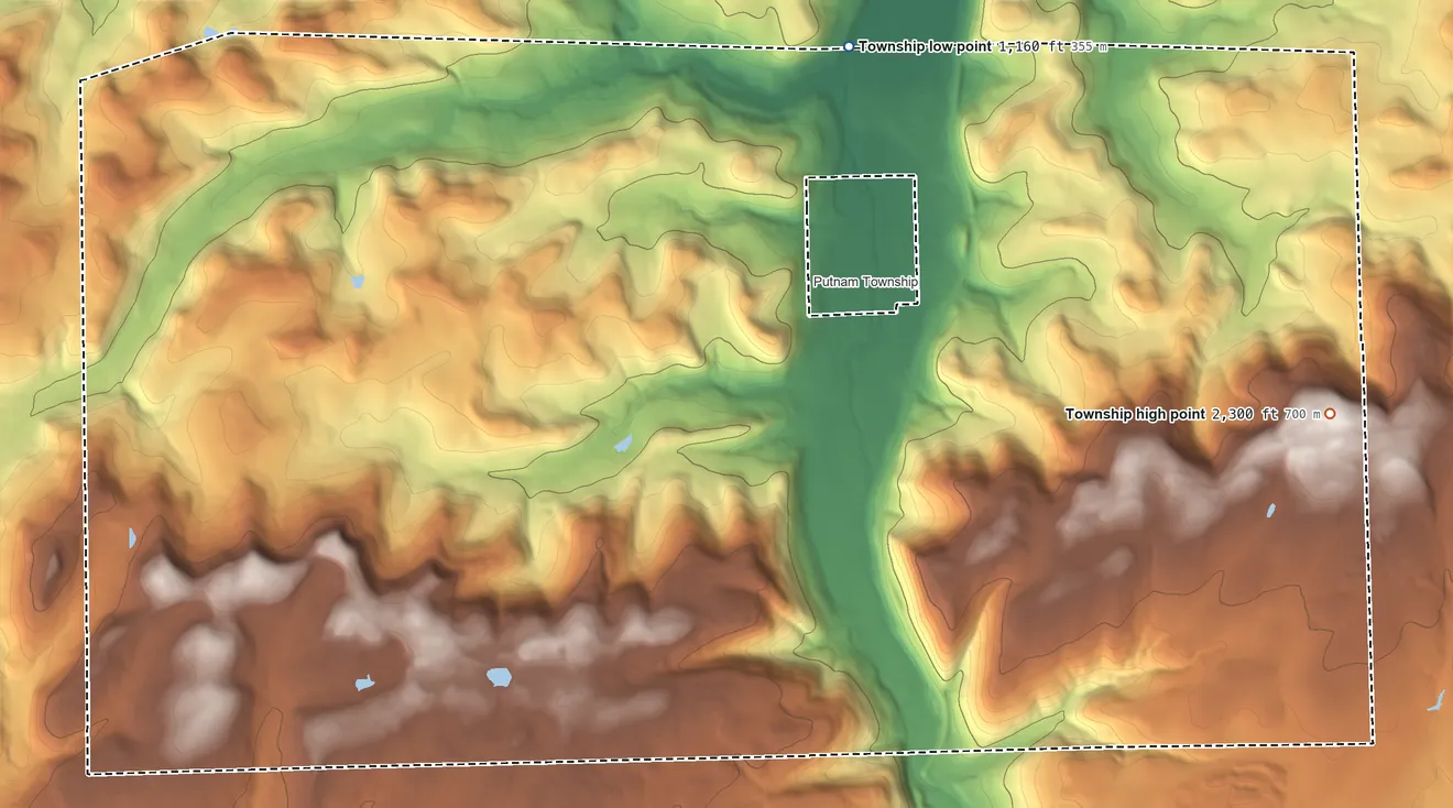 Topographic elevation map of Covington Township, Tioga County, Pennsylvania, shaded from 1,160 ft on the northeast side to 2,300 ft on Pine Hill