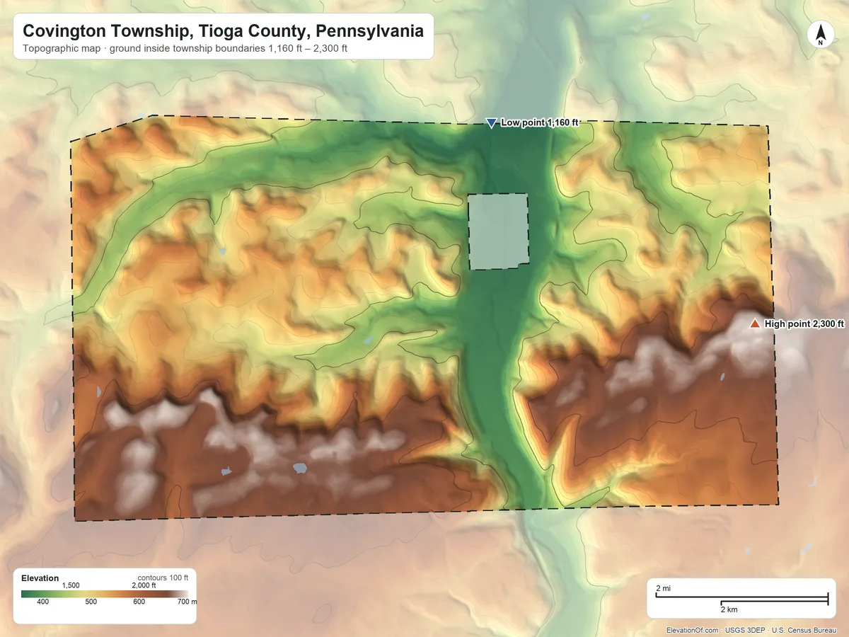 Topographic elevation map of Covington Township, Tioga County, Pennsylvania, shaded from 1,160 ft on the northeast side to 2,300 ft on Pine Hill